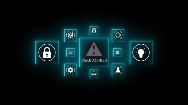 fake access warning. cyber security concept. Woman using laptop, warning sign for scams with icons representing online threats, phishing. Unknown person, Motion graphics .4k animation video