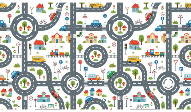 Seamless Kids Transportation Pattern with Colorful Roads Cars Buses and Trains Vector Illustration