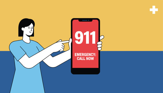 Woman pointing to a smartphone screen that displays an emergency 911 call message for help on a split yellow and dark blue colored background.