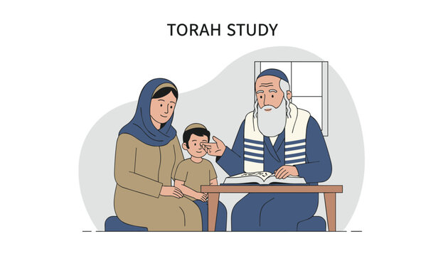 Jewish family with a father, mother, and young son engaged in Torah study together at a wooden table in a traditional religious home setting.