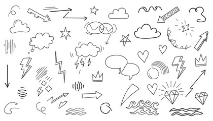 Fototapeta premium Hand Drawn Weather Elements And Symbols Black And White Doodle Set