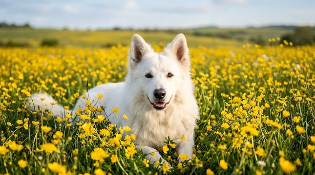 White dog in yellow flower field.