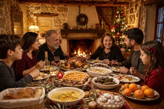 Griechisches Familienessen zu Weihnachten
Mehrgenerationenfamilie genie&szlig;t ein festliches griechisches Weihnachtsessen mit Braten, Suppe, Dolmades und Geb&auml;ck am Kamin.