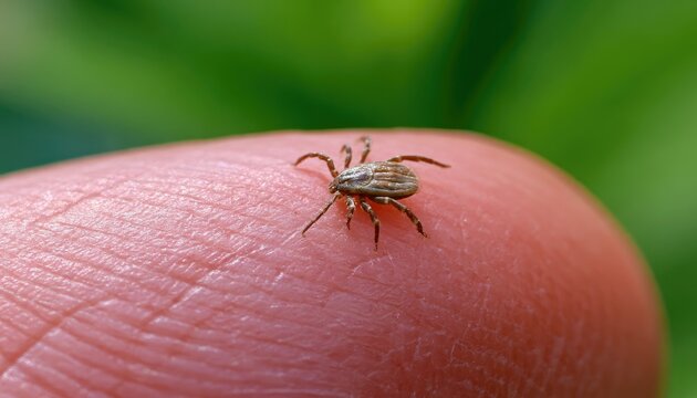 Tiny arachnid crawls on skin, its eight legs spread wide