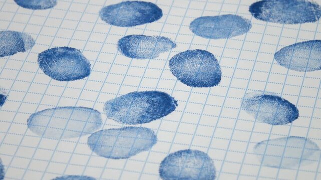 Blue various fingerprints on checkered paper, abstract background