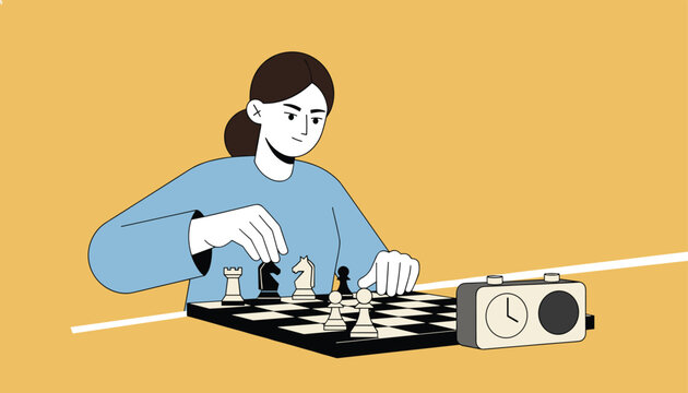 Young girl focuses intently on her next move while playing a strategic game of chess against a competitive timer on the table.