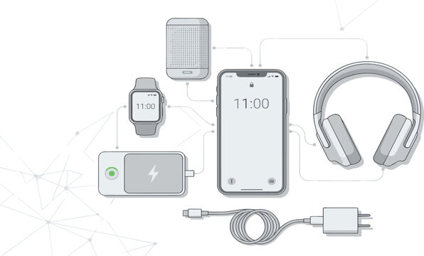 White Apple Ecosystem Accessories Icon Set with iPhone Watch Headphones Speaker and Charger for Technology Designs