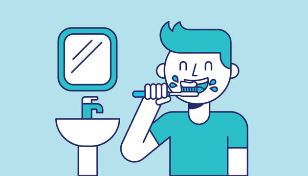 Young boy practices good dental hygiene by brushing his teeth with toothpaste in front of a bathroom sink and mirror.