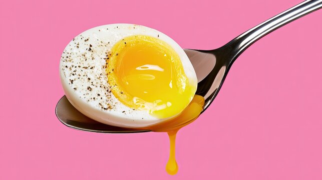 Soft-boiled egg with runny yolk on spoon, seasoned with pepper (1)