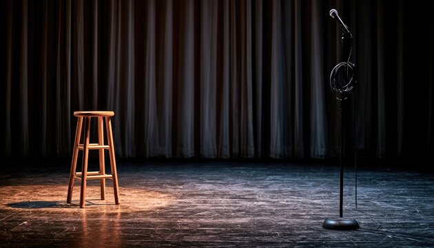 A solitary stool and microphone await a performer on a dimly lit stage