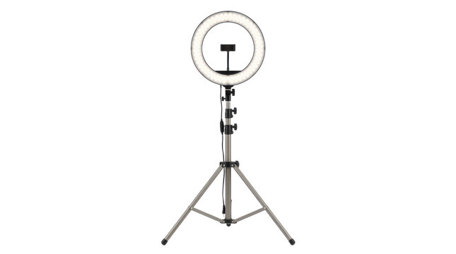 Professional LED ring light on tripod isolated on transparent background