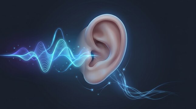 Digital illustration of human ear hearing sound waves