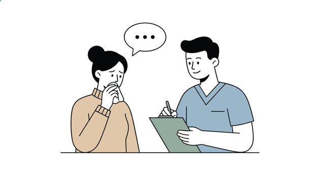 Sad woman talks to a compassionate male therapist who takes notes on a clipboard during a counseling session for mental health.