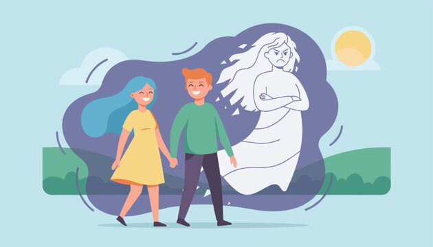 Happy couple walks together while a ghostly figure of an angry woman looms behind them in a dark cloud of jealousy and past.
