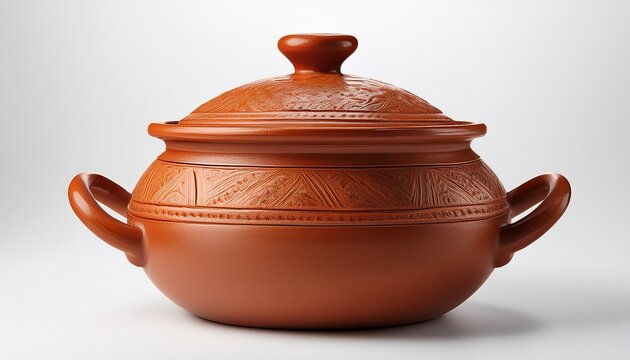 a traditional clay pot with a lid sitting on a clean white surface