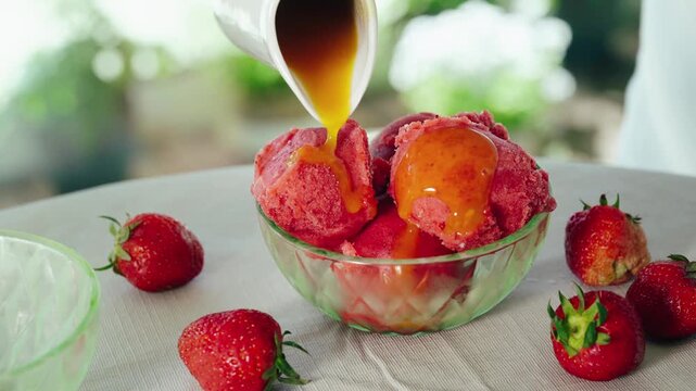 Close-up of orange syrup being poured over strawberry sorbet in a glass bowl. Refreshing summer dessert and food preparation concept