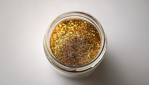 a close up shot of a jar filled with glitter on a white background