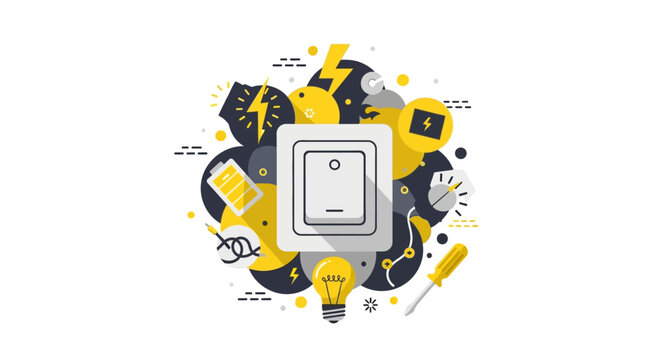 Flat Vector Illustration of a Light Switch Surrounded by Electricity Icons Like Lightbulbs, Batteries, and Lightning Bolts for Energy Management and Repair Concepts