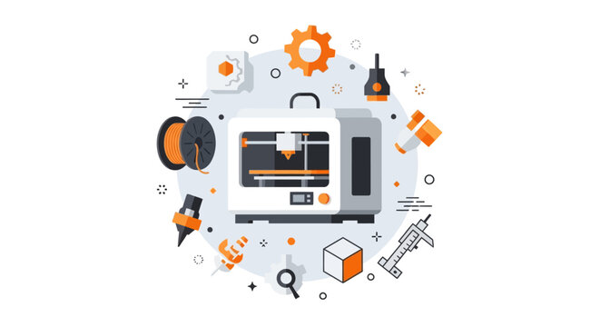 3D Printer and Additive Manufacturing Illustration with Prototyping Tools and Industrial Design Elements