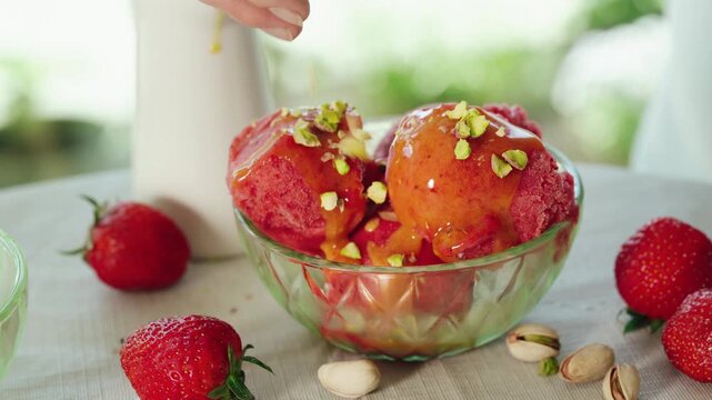 Adding chopped pistachios to strawberry sorbet. Finishing touches for a refreshing summer dessert