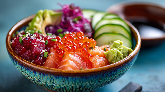 Fresh poke bowl with raw tuna salmon cucumber and salmon roe in bowl raw fish