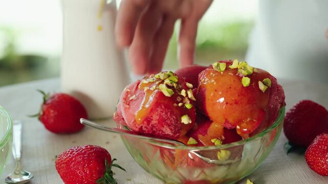 Hand moving bowl of strawberry sorbet closer to viewer. Inviting presentation of refreshing summer dessert