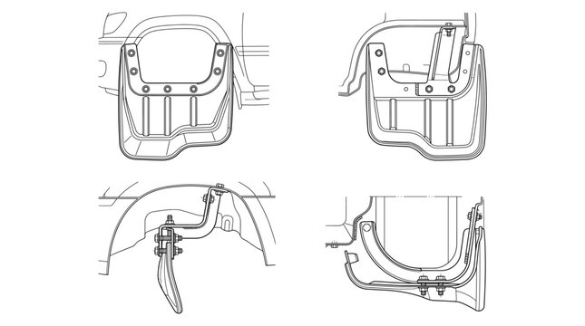 Mud flap automotive exterior component technical drawing blueprint with front side back and side views CAD line art vector illustration