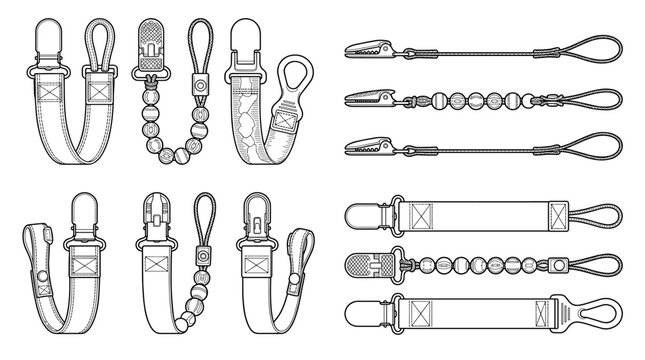 Pacifier clips childcare accessory technical drawing blueprint with front side back and side views CAD line art vector illustration