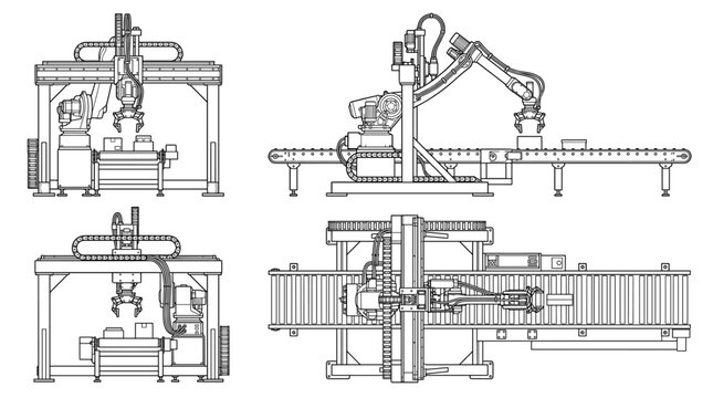 Pick and place robots industrial automation equipment technical drawing blueprint with front side back and top views CAD line art vector illustration