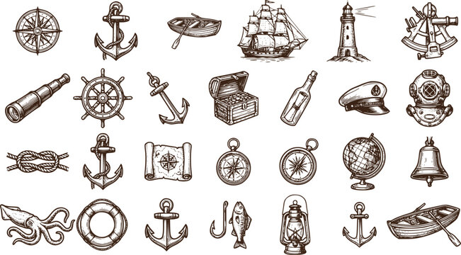 Nautical Maritime Icons Set Vintage Hand Drawn Sea Navigation Vector