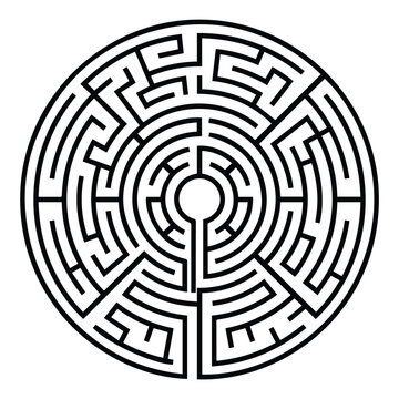 Circular labyrinth maze graphic with a clean black and white circular maze