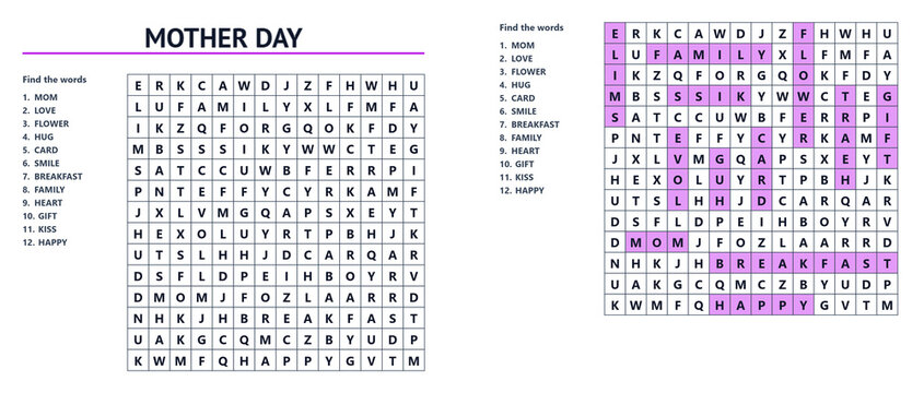 Word seek puzzle sheet with answers for Mother's Day celebration  