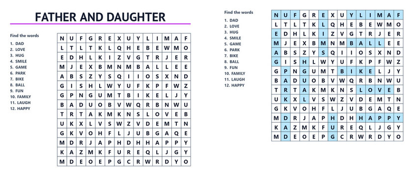 Word search puzzle sheet with answers featuring father and daughter  