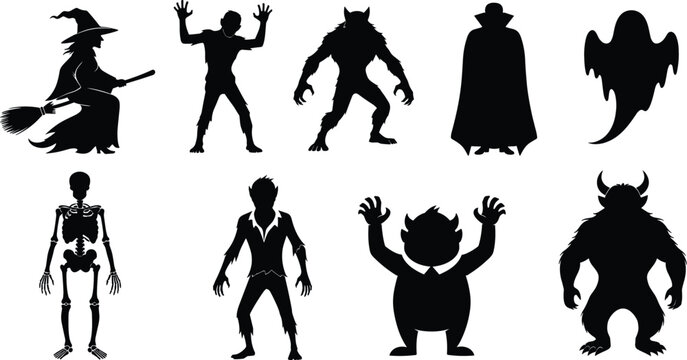 Flat vector illustration of Halloween creature silhouettes, mythical monster icons, minimal horror design, modern folklore graphic set, black outline and filled styles
