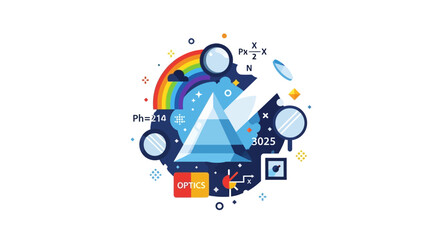 Fototapeta premium Science and Optics Concept Illustration featuring a Prism, Rainbow, and Physics Formulas in Flat Design Style