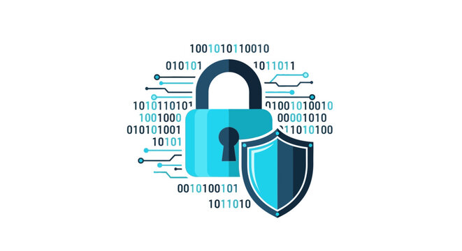 Cybersecurity Concept with Digital Padlock, Shield, and Binary Code for Data Protection