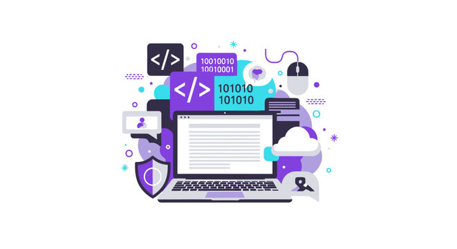 Software Development and Web Programming Vector Illustration with Laptop, Coding Brackets, Cloud Computing, and Cybersecurity Icons