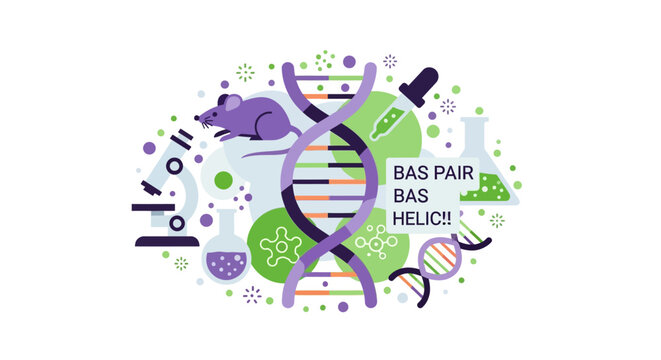 Biotechnology and Genetics Research Illustration with DNA Double Helix, Laboratory Mouse, Microscope, and Flasks for Life Science Concept