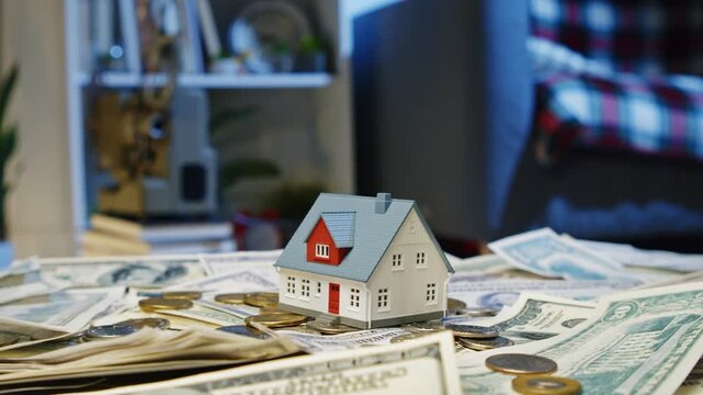 Explore the vision of home ownership as a miniature house rests on piles of cash, symbolizing dreams, savings, and aspirations of a brighter future
