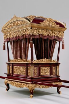 Opulent imperial palanquin crafted from lacquer with intricate gold detailing and rich fabric drapes, showcasing exquisite craftsmanship and historical significance