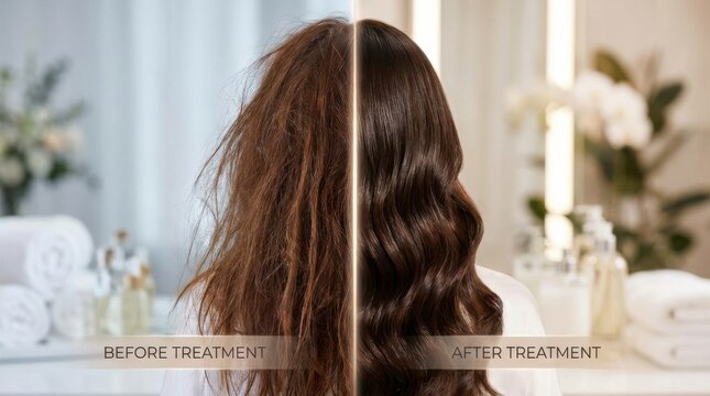 Side view comparison of hair before and after treatment brunette profile