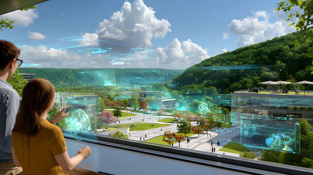 People viewing smart city data on glass. Augmented reality interface over urban landscape.