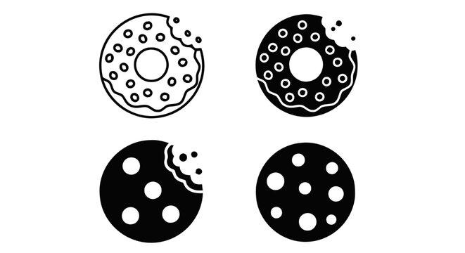 Vector illustration of set of bitten and whole donuts and chocolate chip cookies icons on a transparent background