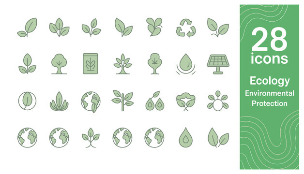 Set of 28 green ecology and environmental protection icons for sustainable living