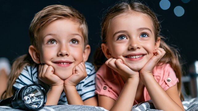Happy children lying with flashlights and looking upward for childhood wonder and family activity articles