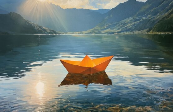 A lone orange paper boat sails on a calm, sunlit lake
