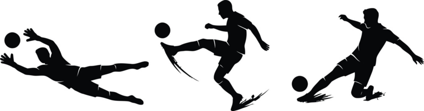 Black silhouette soccer players kicking ball