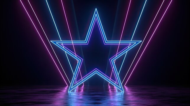 A glowing blue star framed by pink and blue neon lines on a dark, wet surface