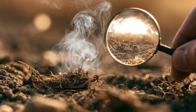 Magnifying glass examines delicate wisps of smoke rising from dry, textured earth