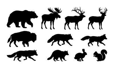 Naklejka premium Collection of Christmas holiday silhouettes featuring trees, ornaments, reindeer, snowflakes, gifts, candles, and festive decorations